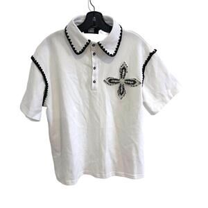 Ionico White Women's Polo Shirt with Black Trim and Embellished Cross Detail - L